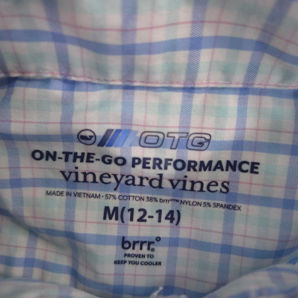 Vineyard Vines On The Go Performance Shirt Boys M 12-14 Blue Pink Plaid OTG